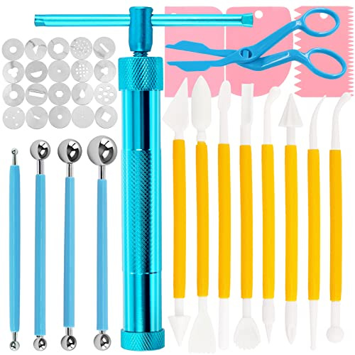 Swpeet 36Pcs Blå lera extruder pistol Fondant sockerpasta extruder lera tårta skulpturpistol, boll stylus prickning verktyg med plastskrapa, tårta dekorera leveranser modelleringsverktyg (Blå)