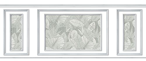 PLAGE Papier peint intissé tropical, motif feuille vert, imitation boiserie, 75 cm X 200 cm, décor unique et original.