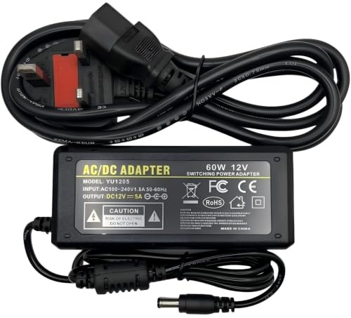 Multibao AC DC 12V 5A 60W Power Supply Adapter Charger Transformer with DC 5.5x2.1mm / 5.5x2.5mm Plug For LED CCTV 3 Pin UK Plug