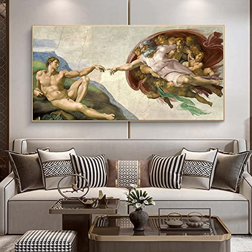 Zhaoyang Art Die Erschaffung Adams von Michelangelo Leinwand Gemälde Wandkunst XXL Leinwanddrucke berühmte Kunstbilder für Wohnzimmer 80 x 168 cm/32 x 67 Zoll Mit Rahmen