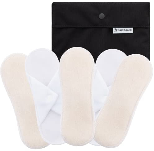 Bamboolik|Waschbare Slipeinlage | Bio-Baumwoll-Frottee | Druckknopf |5er-Set - Natur + mini Wetbag Schwarz|wiederverwendbar|MADE IN EU|Stoffslipeinlagen Ausfluss|Stoffbinden