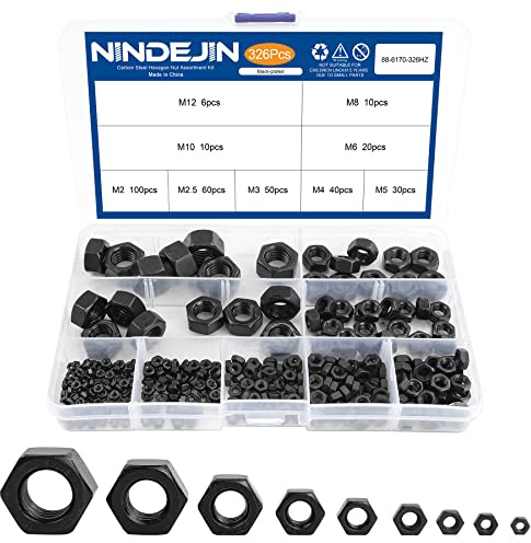 NINDEJIN 326 pcs Metric Black Hex Nuts Assortment Kit M2 M2.5 M3 M4 M5 M6 M8 M10 M12 Assorted Metric Hardware Nuts Set 9 Sizes Carbon Steel Metal Hex Nuts for Screw Bolt