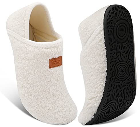 Fires Womens Mens Slippers with Rubber Sole Soft-Lightweight House Slipper Socks Around House Shoes Non Slip Indoor/Outdoor, Creamwhite, 9.5-10 Women/8-8.5 Men