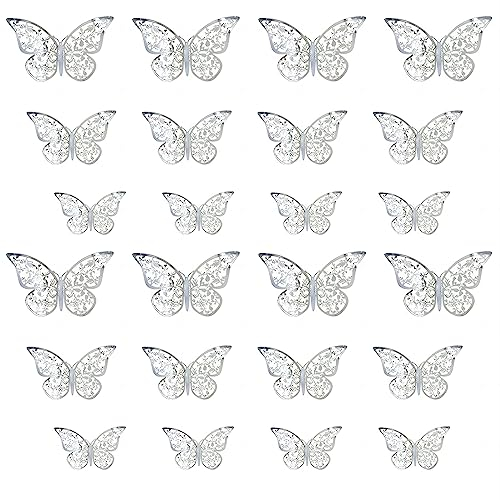 PAITOK 3D Butterfly Wall Stickers for Kids Bedroom, 24PCS in 3 Sizes Butterfly Wall Decals for Home Decor Wedding Party Decoration(Silver)