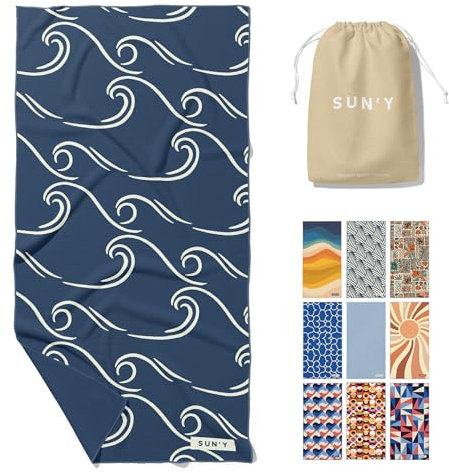 SUN'Y Waffle Microfiber Beach Towel – Sand Free, Quick Dry, Ultra Absorbent, Lightweight & Compact Travel Towel with Carry Bag - Large (63” x 31.5”), Curl