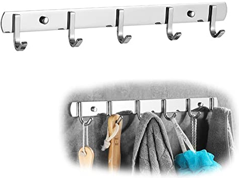 ERBO Hakenleiste Edelstahl, Garderobenleiste mit 6 Haken, Kleiderhaken Wand für Küche, Wandgarderobe, Schlafzimmer, Badezimmer (Silber, 31cm)