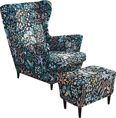 Ohrensessel überzug mit Hocker Bezug, 2 Teilig Sessel-Überwürfe+1 Teilig Ottomane Schonbezug, Beige/Grün/Rosa/Blau Ohrensessel Schonbezüge Sesselhusse Stretch Tiger Stuhlbezug mit Armlehne ( Color : #