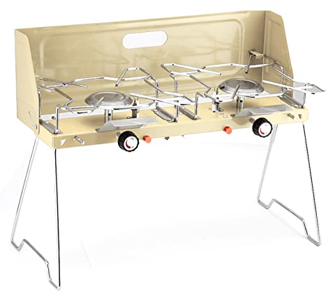 UPQRSG Doppelbrenner Gasherd, Tragbarer Gas Campingkocher, Outdoor Gasherd mitKlappbaren Beinen, Camping Picknickkocher Aus Aluminiumlegierung Zum Kochen Im Freien(Beige)