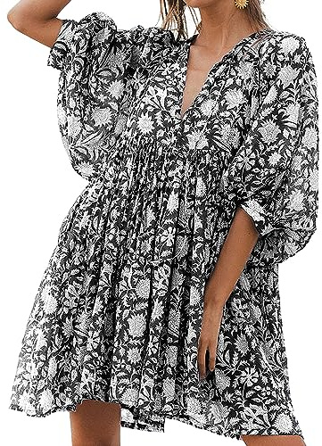 Womens Summer Dresses Casual - Boho Floral Babydoll Balloon Sleeve Half Open Tether Flowy Short Beach Dress Black