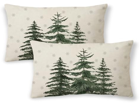 BETGINY Christmas Tree Pillow Covers 12x20, Watercolor Holly Outdoor Decorative Throw Pillows for Couch, Winter Snowflakes Xmas Decor Cushion Cover 2 Pcs Farmhouse Linen Pillowcase for Bed Car Safa