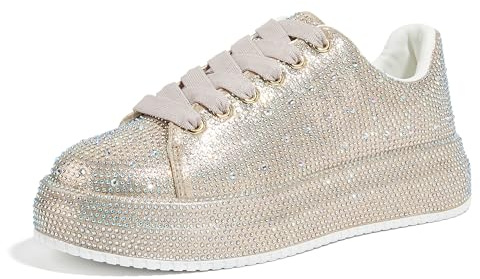 LUCKY STEP Rhinestone Sneakers for Women Platform Sparkly Glitter Bling Tennis Shoes Fashion Bedazzled Wedding Bridal Party Walking Sneakers (Gold Rhinestone, 8.5US-39EU-6UK)