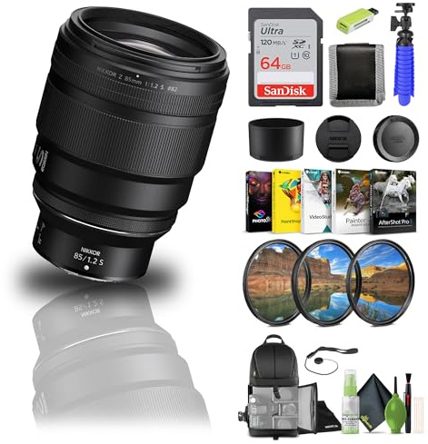 Nikon - NIKKOR Z 85mm f/1.2 S Standard Lens for Z Series Mirrorless Cameras (20114) + 64GB Memory Card + Filter Kit + Backpack + Card Reader + Corel Photo Software + Flex Tripod + More
