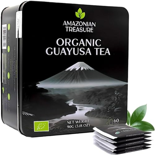 Amazonian Treasure Bustine di tè Guayusa biologico – 60 pezzi, sostituto del caffè, 50 mg di caffeina naturale, energizzante e migliora la concentrazione, confezione in latta per preservarne la fresch