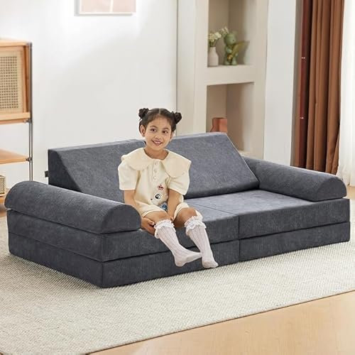 Jela Kindersofa Spielsofa aus Schaumstoff - Bausteine Kindercouch für Einen Aufregenden Indoor-Spielplatz im Kinderzimmer (71x144x75, Darkgrey)