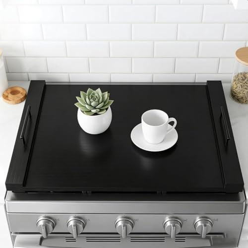 FayuuGem Black Stove Top Cover for Gas & Electric Range | 30x22 Wooden Noodle Board with Handles | Multi-Layered Wood Kitchen Space Saver