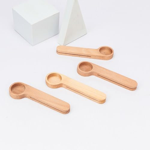 Lot de 2 cuillères doseuses à café en bois de hêtre - Cuillères à café - Portionneurs pour épices, miel, café, sel, confiture, sucre, enfants - Clip d'étanchéité 2 en 1 - Cuillère à café