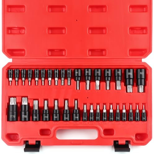 FOURROBBER Torx Bit Steckschlüsselsatz Premium S2 Stahllegierung,Komplett 34-teilig, massiver Stern & manipulationssicher T6 -TT70 bit set für Drehmomentschlüssel und Bohrer