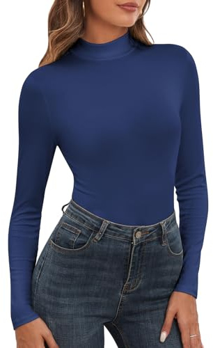 WOWENY Damen Stehkragen Langarmshirt Gerippt Rollkragenshirt Rolli Langarm Rollkragen Oberteil Unterziehrolli Elegant Basic Turtleneck Top[Blau, M]