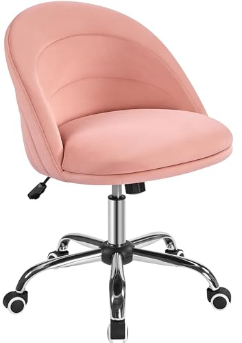 Yaheetech Silla Escritorio Terciopelo con Ruedas Sin Reposabrazo Giratoria Capacidad 136 KG Rosa