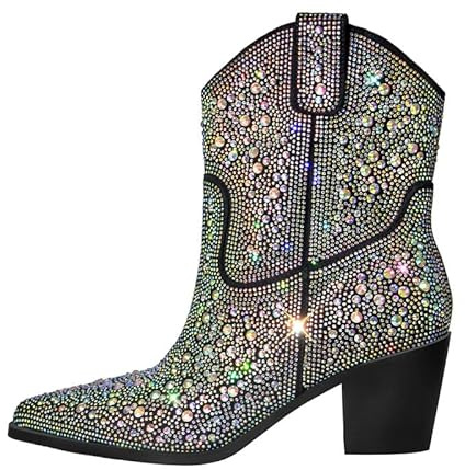 blingqueen Damen Western Stiefeletten Blockabsatz Cowboy Ankle Boots mit Strass