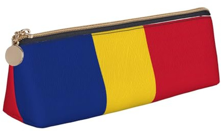 SDEGTHO Flag Of Romania Fashion Triangular Leather Zipper Pencil Pouch With Large Storage Capacity Pencil Pouch, White, One Size, Art Deco