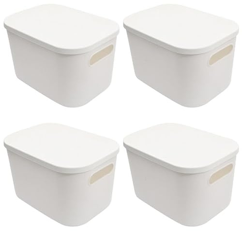 Aomhrek Aufbewahrungsbox mit Deckel, 4er Set Stapelbare Plastik Aufbewahrungskörbe, 8L Klein, Ideal als Badezimmer Organizer und Küchenschrank Organizer, Weiße Boxen mit Deckel für Schränke