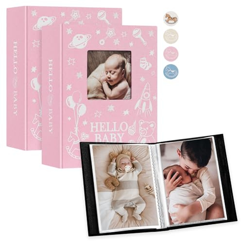 Lanpn Album Fotografico Bambino 100 Tasche 2 Confezioni, Lino Ricordi Foto Nascita Bimbo 10x15 Album Portafoto Neonato, Baby Photo Album, Festa Battesimo Ragazza Ragazzo Regalo, Rosa