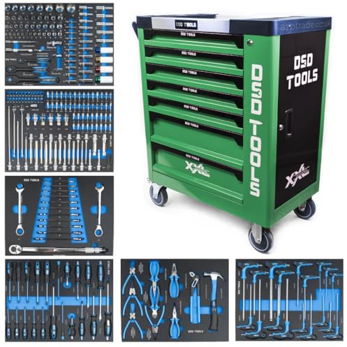 DSD TOOLS Steel Tool Chest Trolley Cabinet Fully Loaded Workshop Tool Box on Castors with Lockable Storage and Easy Mobility (Green)