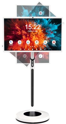 Shiarffe 32 Inch Smart Portable TV on Wheels, Rolling Tablet with Touchscreen Monitor, Wireless Casting, Air Remote Mouse, 8G RAM + 128G ROM Android OS, Battery Powered 4-6 Hours