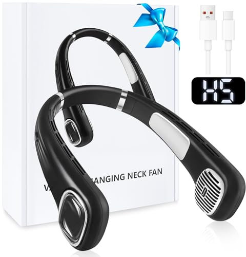 USB Ventilator Hals Akku Leise Stark mit LCD, Nackenventilator Tragbarer Klein 5 Stufen 360° Verstellbar, Halsventilatoren Aufladbar Mini Nacken Ventilator für Unterwegs Reise Camping Büro Schwarz