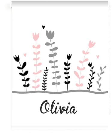 Estor Juvenil Personalizado con Nombre - Diseño Flores Modernas Rosa y Gris - Cortina Enrollable Translúcida para Habitación de Niña Adolescente - Hecho a Mano en España (100x170)