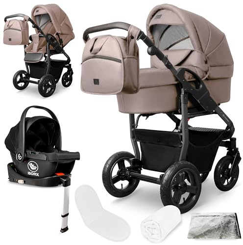Bergsteiger Capri Kombikinderwagen 4-in-1 Babywanne Sportsitz Isofix | Komplettes Reisesystem mit i-size Babyschale Luftreifen Rahmenfederung verstellbarem Griff Zubehör und Wickeltasche