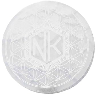 NKlaus Placa de carga de selenita redonda de 8 cm de diámetro, con grabado de flor de la vida, base energética para limpiar y cargar piedras curativas, cristales y joyas