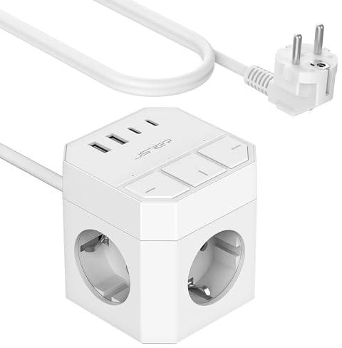 JSVER Bloc Multiprise avec 3 Prises Interrupteur Individuel, Multiprise Cube avec 4 Ports USB Chargeur(2A+2C) 7 in 1 Prise Multi Multiprise Electrique pour la Maison Le Bureau ou la Cuisine,2M-Blanco