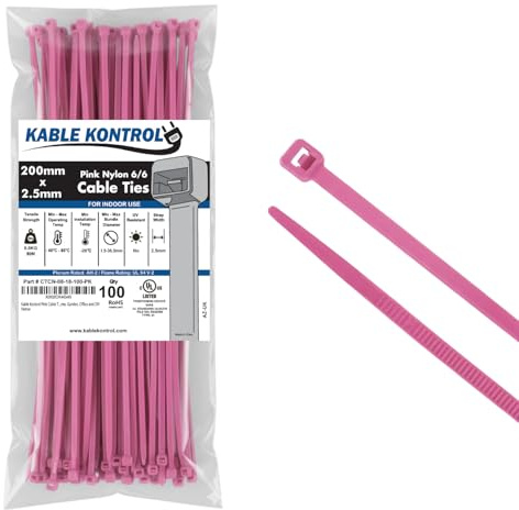 Kable Kontrol Pink Cable Ties, 200 mm x 2.5 mm, Pack of 100, 8 Premium Nylon Zip Ties, Multi-Purpose Plastic Tie Wraps, Secure Self-Locking Mechanism, for Home, Garden, Office and DIY