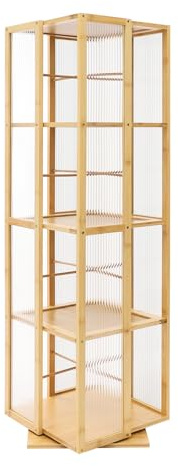 Dokiiovo Drehbares Bücherregal, 360°Drehbares Bücherregal, Bodenstehendes Bücherschrank mit 4 Ebenen, Buchaufbewahrungsregal aus Moosbambus für Büro, Wohnzimmer, Schlafzimmer (Holzfarbe-A)