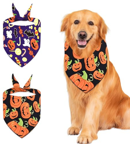 ZORVYN 2Pcs Einstellbare Dreieck Hundehalstuch, Halloween Hundekostüm mit Hexe Kürbis-Muster, für kleine mittlere große Hunde (L) (Halloween-Thema)