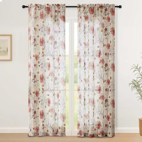 Simplebrand Voile Vorhänge mit Doppelperforationstechnik Blumen Design 130Bx229H Bleistiftfalten Luftig Elegant Deko Gardinen Perfekt Für Wohnzimmer Arbeitszimmer