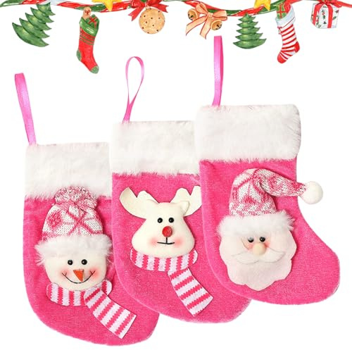 BSITSSS 3 Pack Weihnachtsstrumpf Personalisiert, Kleine Weihnachtsstrümpfe Rosa, Mini Weihnachtssocken Dekoration, 17x9cm Nikolausstiefel zum Befüllen und Aufhängen für Feiertags Weihnachtsdekoration