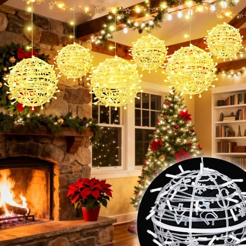 6 Pack Christmas Ball Lights Outdoor, Hanging Christmas Globe Lights with 8 Lighting Modes, Plug-in Sphere Tree Lights for Garden, Party, Porch, Patio, Yard, Xmas Decor (Warm White)