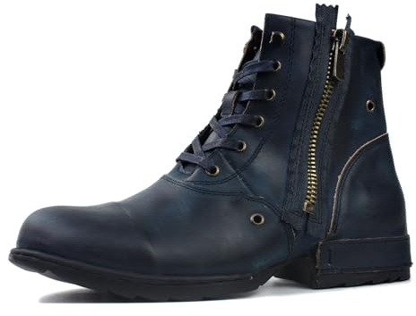 OSSTONE Retro svart herr läder chukkastövlar arbetare biker boots motorcykel läderskor för snörning stövletter boots OS-5008-8-N, Retroblått, 47 EU