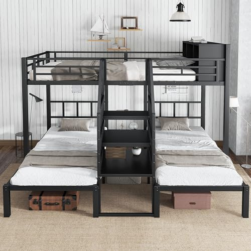 Kebnor Eisenbett, Etagenbett, Mit DREI Schlafplätzen, Bequeme Treppe mit Handläufen, Stabile Bettgestellstruktur, Oberes Bett mit Stauraum, Eisen, Schwarz, 90x200cm & 140x200cm