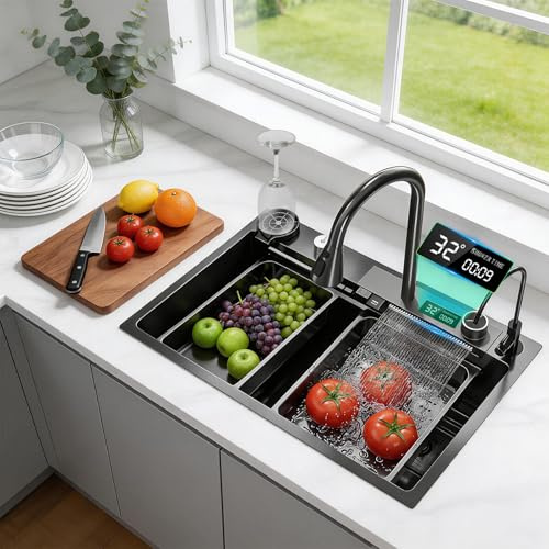 NBYTLT Drop-in Waterfall Sink Workstation with Faucet Combo and Cup Washer, 26.7 x 17.6 x 7.9 Stainless Steel Waterfall Bowl, Modern Smart Undermount Kitchen Unit, for Household Use, Gun Grey