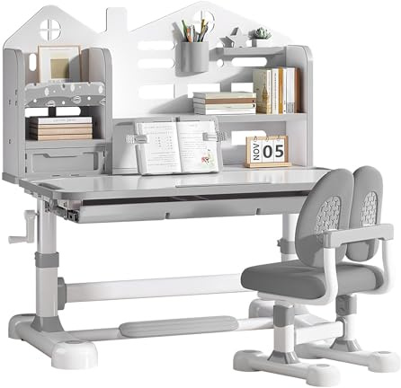 CHIOMEY Kids Desk and Chair Set - Height Adjustable Ergonomic Study Desk with Easy-Turn Crank, 50° Tiltable Desktop, Storage Drawer & Built-in Bookstand for Children Boys & Girls Ages 3-12 (Grey)