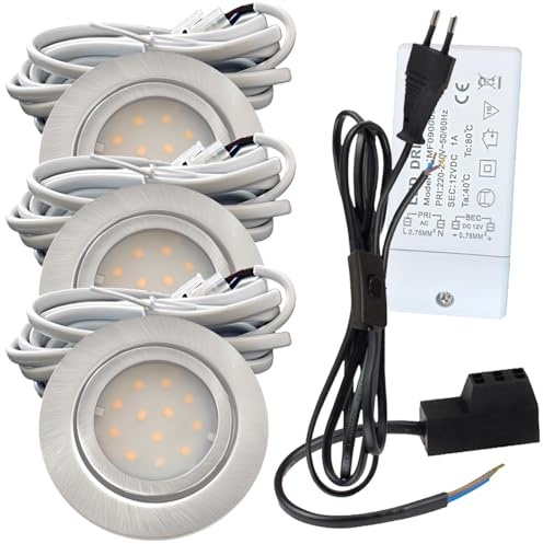 3er Set LED Einbauspot Leni 12V 2,2W Neutralweiß 4000K Edelstahl geb. | IP44 Ø72mm flach | 240lm je Leuchte | Mit Trafo, AMP-Verteiler & 230V Zuleitung inkl. Schnurschalter | Für Küche & Möbel