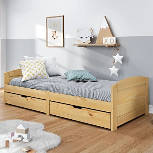 Qnhdfrt IRUN Solid Pine Day Bed Frame 90x200 with 2 Storage Drawers, Slatted Base, 205x96x56 cm, Converts from Single Sofa to Guest Bed for Bedroom, Living Room or Kids Room