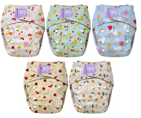 Bambino Mio, confezione da 5 pannolini riutilizzabili rivoluzionari (FESTA IN GIARDINO) – Pannolini di stoffa dalla nascita fino al vasino | Lavabili | Pannolini per neonati certificati OEKO-TEX
