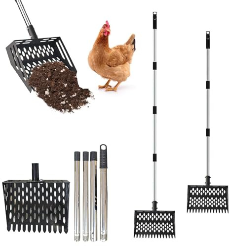 Mistgabel – Robuster Stallrechen, Metallgriff, Sandsieb mit rostbeständiger, geschweißter Konstruktion, tiefe Mülltrennung, ideal für Scheune, Hinterhof, Geflügel, einfache hygienische Stallwartung