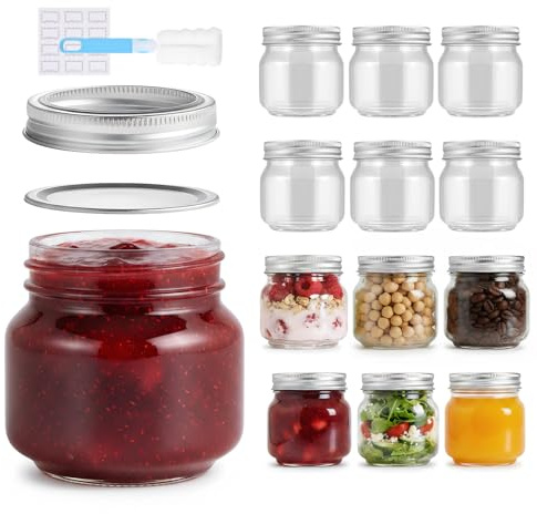 Glass Mason Jars 12 Pack 250ml with Airtight Lids, Round Mouth Canning Jars | Clear Glass Jam Jars, for Overnight Oats, Pickling, Food Storage, DIY Projects, include Cleaning Brush & Sticker Labels