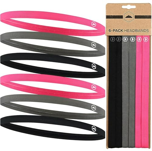 Tough Headwear Dünne, elastische Sport-Stirnbänder für Damen und Herren, Workout, Laufen, Fußball, 2 Schwarz/2 Grau/2 Hot Pink